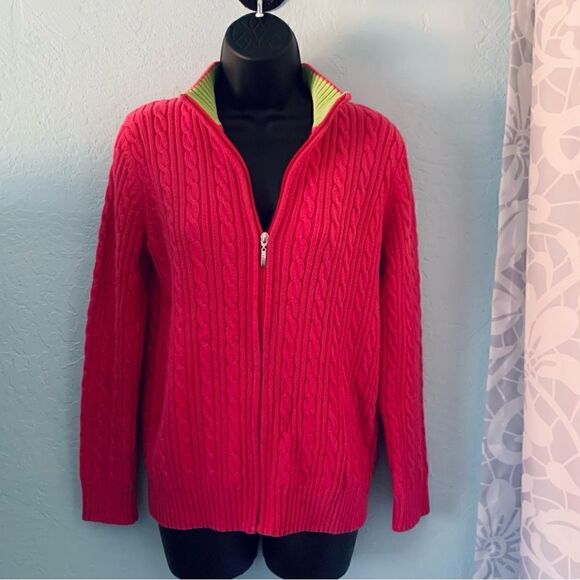 Tabi Fuchsia Pink & Green Cable Knit Zip Up Sweater Size Medium - Picture 5 of 9